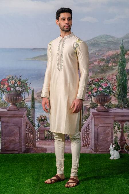 House Of Koa_White Chanderi Silk, , Satin Camven Placement Kurta With Pant _Online_at_Aza_Fashions