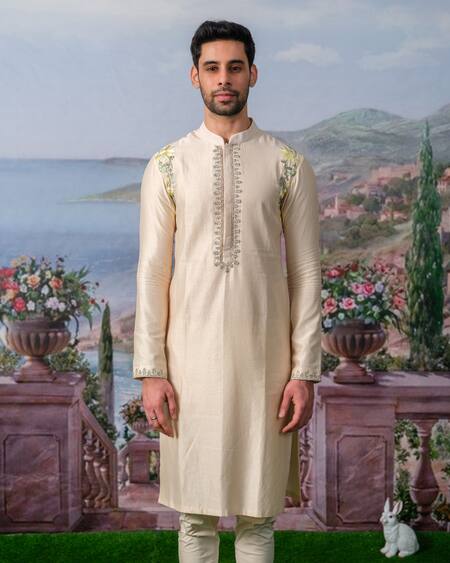 Buy_House Of Koa_White Chanderi Silk, , Satin Camven Placement Kurta With Pant _Online_at_Aza_Fashions