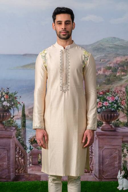 Shop_House Of Koa_White Chanderi Silk, , Satin Camven Placement Kurta With Pant _Online_at_Aza_Fashions