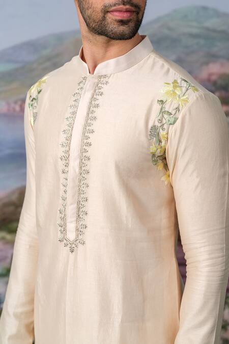 House Of Koa_White Chanderi Silk, , Satin Camven Placement Kurta With Pant _at_Aza_Fashions
