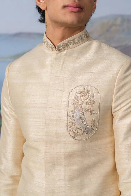 Buy_House Of Koa_Ivory Placement Embroidery Zardozi Kai Bandhgala With Pant _Online_at_Aza_Fashions