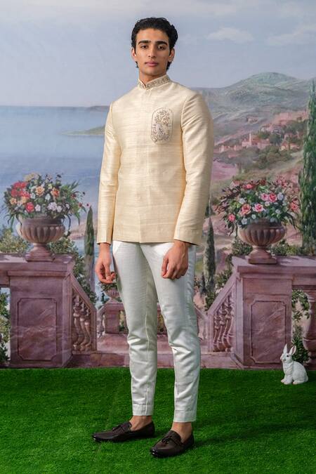 Shop_House Of Koa_Ivory Placement Embroidery Zardozi Kai Bandhgala With Pant _Online_at_Aza_Fashions