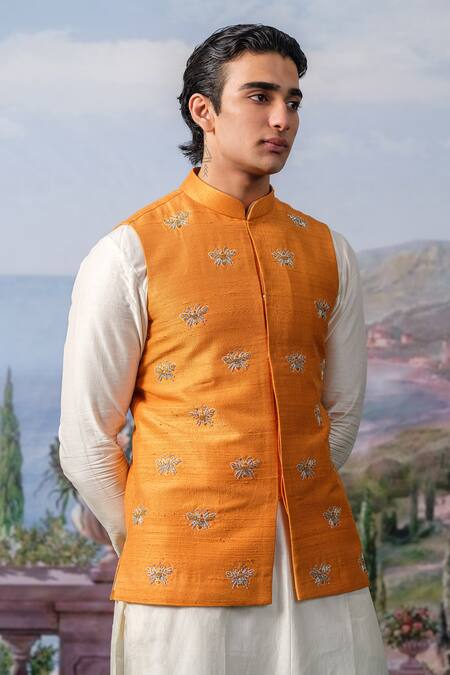 Buy_House Of Koa_Orange Embroidery Honey Bee Bundi Kurta Set _Online_at_Aza_Fashions