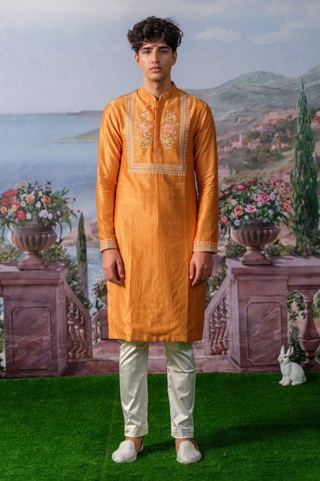 House of KOA Orange Kurta- Chanderi Silk Embroidery Rose Bloom Camber Bodice With Pant 