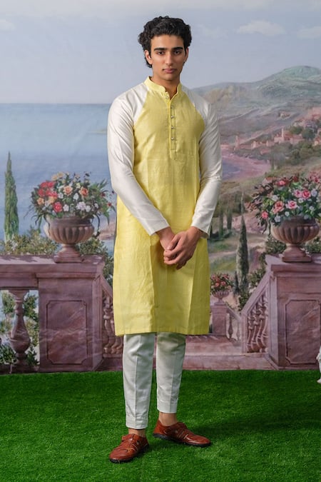 House of KOA Yellow Kurta- Chanderi Silk Plain Cyrus Color Block With Pant 