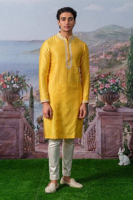 House Of Koa_Yellow Chanderi Silk, , Satin Pearls, Elio Kurta With Pant _Online_at_Aza_Fashions