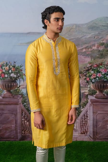 Buy_House Of Koa_Yellow Chanderi Silk, , Satin Pearls, Elio Kurta With Pant _Online_at_Aza_Fashions