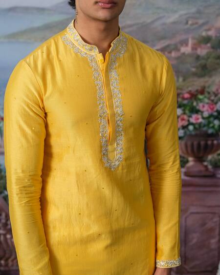 Shop_House Of Koa_Yellow Chanderi Silk, , Satin Pearls, Elio Kurta With Pant _Online_at_Aza_Fashions