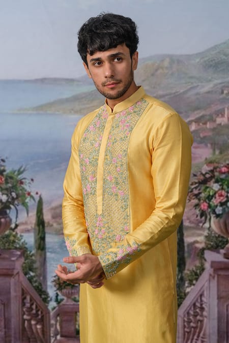 House Of Koa_Yellow Chanderi Silk, , Satin Juane Floral Jaal Kurta With Pant _Online_at_Aza_Fashions