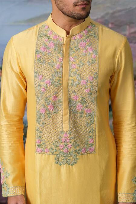 Buy_House Of Koa_Yellow Chanderi Silk, , Satin Juane Floral Jaal Kurta With Pant _Online_at_Aza_Fashions