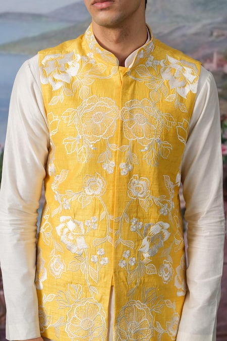 Buy_House Of Koa_Yellow Embroidery Floral Bundi Kurta Set _Online_at_Aza_Fashions