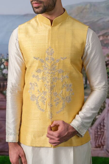 Buy_House Of Koa_Yellow Embroidery Floral Cutdana Bundi Set _Online_at_Aza_Fashions