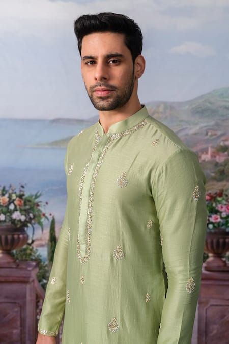 House Of Koa_Green Chanderi Silk, , Satin Embroidery, Zari Jade Kurta With Pant _Online_at_Aza_Fashions