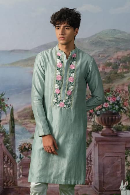 House Of Koa_Blue Chanderi Silk, , Denver Embroidered Placket Kurta With Pant _Online_at_Aza_Fashions