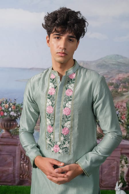Buy_House Of Koa_Blue Chanderi Silk, , Denver Embroidered Placket Kurta With Pant _Online_at_Aza_Fashions