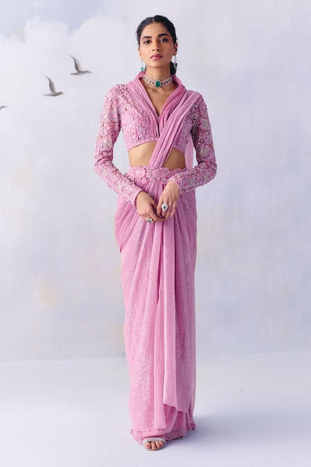 Awigna Aria Petunia Bloom Embroidered Pre-Draped Saree With Blouse 