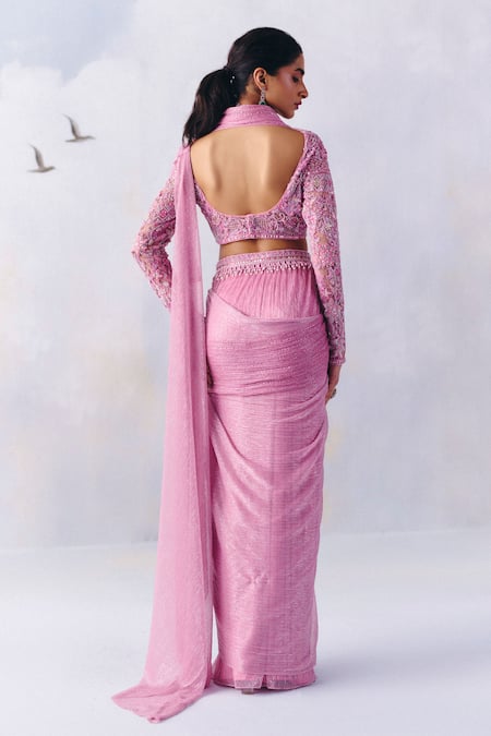 Shop Awigna Purple Organza, Net Aria Petunia Bloom Embroidered Pre-draped Saree With Blouse at Aza Fashions Shop_Awigna_Purple Organza, Net Aria Petunia Bloom Embroidered Pre-draped Saree With Blouse _at_Aza_Fashions