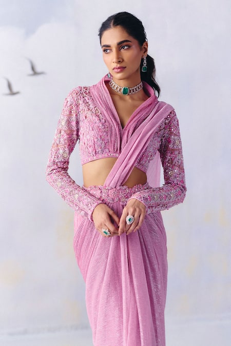 Awigna Purple Organza, Net Aria Petunia Bloom Embroidered Pre-draped Saree With Blouse Online at Aza Fashions Awigna_Purple Organza, Net Aria Petunia Bloom Embroidered Pre-draped Saree With Blouse _Online_at_Aza_Fashions