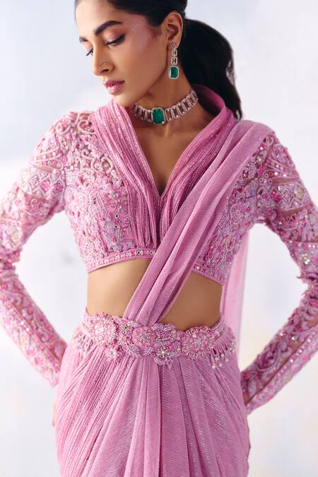 Buy Awigna Purple Organza, Net Aria Petunia Bloom Embroidered Pre-draped Saree With Blouse Online at Aza Fashions Buy_Awigna_Purple Organza, Net Aria Petunia Bloom Embroidered Pre-draped Saree With Blouse _Online_at_Aza_Fashions
