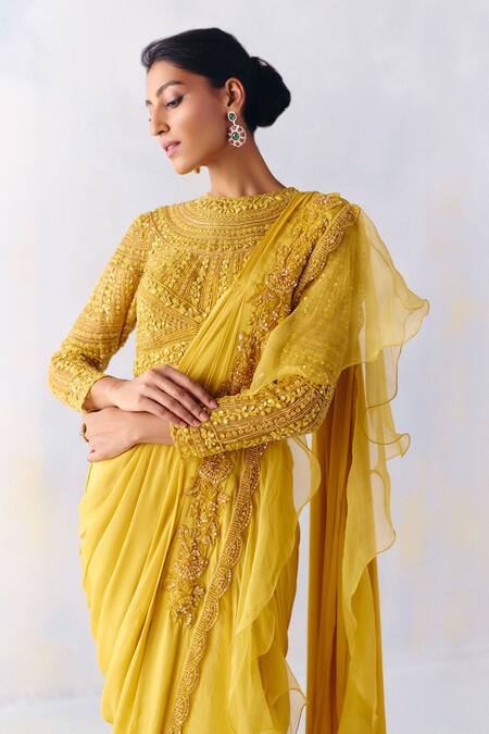 Awigna Yellow Net, Chiffon, Organza, Audrey Flora Pre-draped Ruffle Saree With Blouse Online at Aza Fashions Awigna_Yellow Net, Chiffon, Organza, Audrey Flora Pre-draped Ruffle Saree With Blouse _Online_at_Aza_Fashions
