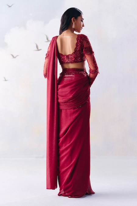 Shop Awigna Red Net, Georgette Ava Embellished Pre-draped Saree With Embroidered Blouse at Aza Fashions Shop_Awigna_Red Net, Georgette Ava Embellished Pre-draped Saree With Embroidered Blouse _at_Aza_Fashions