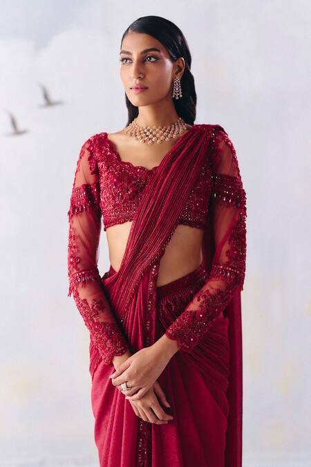 Awigna Red Net, Georgette Ava Embellished Pre-draped Saree With Embroidered Blouse Online at Aza Fashions Awigna_Red Net, Georgette Ava Embellished Pre-draped Saree With Embroidered Blouse _Online_at_Aza_Fashions