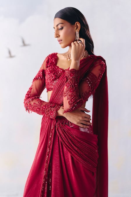 Buy Awigna Red Net, Georgette Ava Embellished Pre-draped Saree With Embroidered Blouse Online at Aza Fashions Buy_Awigna_Red Net, Georgette Ava Embellished Pre-draped Saree With Embroidered Blouse _Online_at_Aza_Fashions