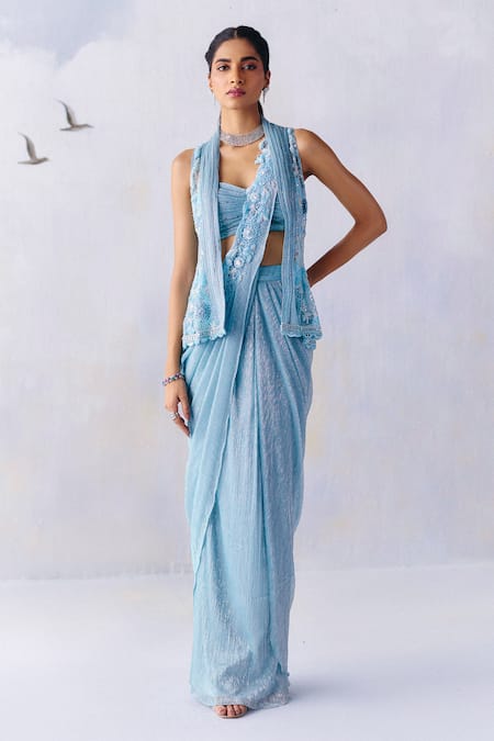 Awigna Blue Platinoir Crepe Charlotte Iris Bloom Peplum Jacket Pre-draped Saree Set 