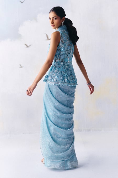 Shop Awigna Blue Organza, Chiffon, Charlotte Iris Bloom Peplum Jacket Pre-draped Saree Set at Aza Fashions Shop_Awigna_Blue Organza, Chiffon, Charlotte Iris Bloom Peplum Jacket Pre-draped Saree Set _at_Aza_Fashions