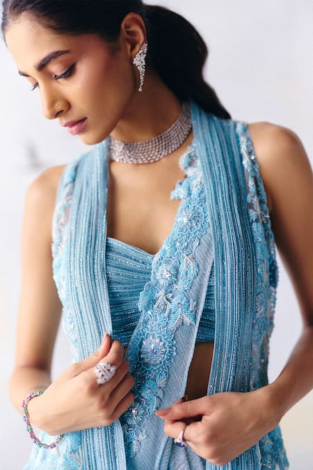 Awigna Blue Organza, Chiffon, Charlotte Iris Bloom Peplum Jacket Pre-draped Saree Set Online at Aza Fashions Awigna_Blue Organza, Chiffon, Charlotte Iris Bloom Peplum Jacket Pre-draped Saree Set _Online_at_Aza_Fashions