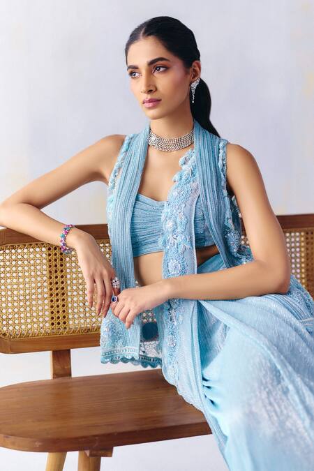 Buy Awigna Blue Organza, Chiffon, Charlotte Iris Bloom Peplum Jacket Pre-draped Saree Set Online at Aza Fashions Buy_Awigna_Blue Organza, Chiffon, Charlotte Iris Bloom Peplum Jacket Pre-draped Saree Set _Online_at_Aza_Fashions