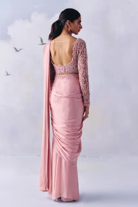 Shop Awigna Pink Claire Persian Bloom Pallu Embroidered Pre-draped Saree With Blouse at Aza Fashions Shop_Awigna_Pink Claire Persian Bloom Pallu Embroidered Pre-draped Saree With Blouse _at_Aza_Fashions
