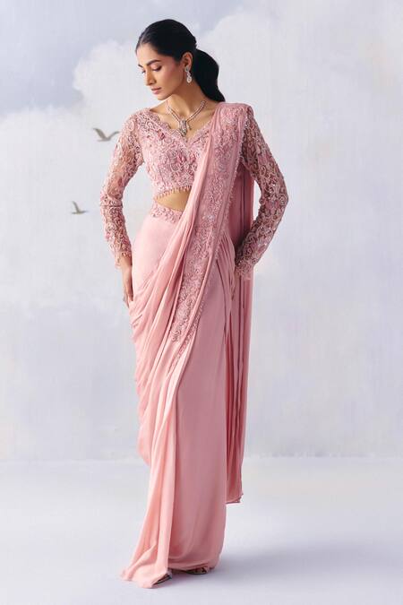 Awigna Pink Claire Persian Bloom Pallu Embroidered Pre-draped Saree With Blouse Online at Aza Fashions Awigna_Pink Claire Persian Bloom Pallu Embroidered Pre-draped Saree With Blouse _Online_at_Aza_Fashions