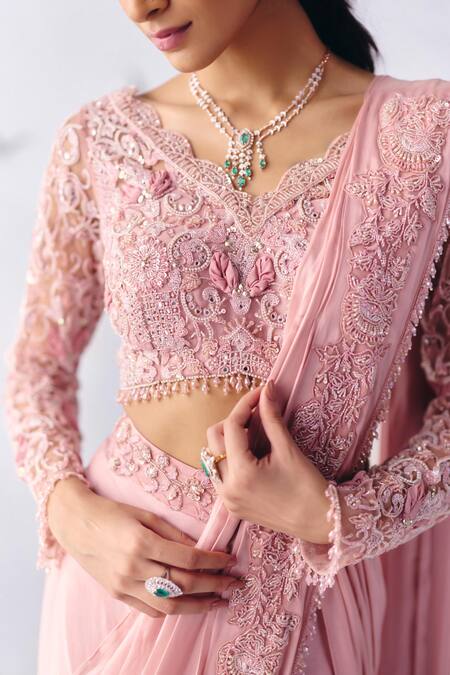 Buy Awigna Pink Claire Persian Bloom Pallu Embroidered Pre-draped Saree With Blouse Online at Aza Fashions Buy_Awigna_Pink Claire Persian Bloom Pallu Embroidered Pre-draped Saree With Blouse _Online_at_Aza_Fashions