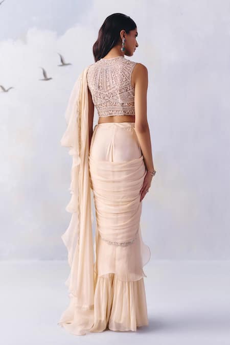 Awigna Delilah Buttercup Embroidered Pre-Draped Ruffle Saree With Blouse 