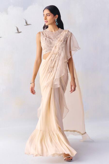 Buy Awigna Ivory Net, Delilah Buttercup Embroidered Pre-draped Ruffle Saree With Blouse Online at Aza Fashions Buy_Awigna_Ivory Net, Delilah Buttercup Embroidered Pre-draped Ruffle Saree With Blouse _Online_at_Aza_Fashions