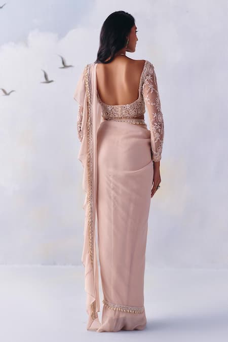 Shop Awigna Pink Georgette, Eleanor Embellished Border Pre-draped Ruffle Saree With Blouse at Aza Fashions Shop_Awigna_Pink Georgette, Eleanor Embellished Border Pre-draped Ruffle Saree With Blouse _at_Aza_Fashions