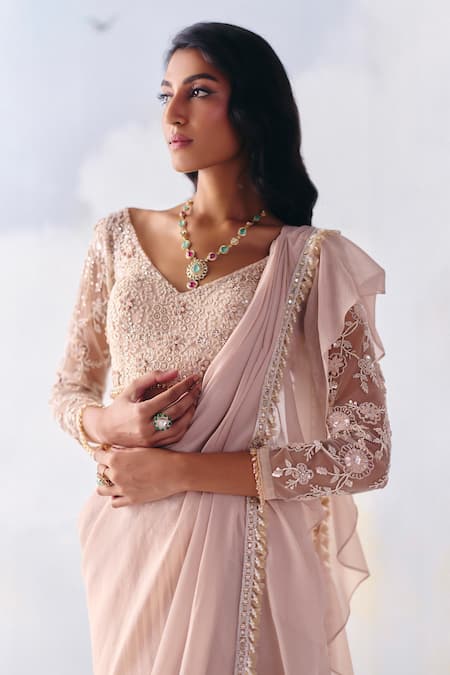 Awigna Pink Georgette, Eleanor Embellished Border Pre-draped Ruffle Saree With Blouse Online at Aza Fashions Awigna_Pink Georgette, Eleanor Embellished Border Pre-draped Ruffle Saree With Blouse _Online_at_Aza_Fashions