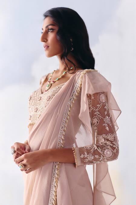Buy Awigna Pink Georgette, Eleanor Embellished Border Pre-draped Ruffle Saree With Blouse Online at Aza Fashions Buy_Awigna_Pink Georgette, Eleanor Embellished Border Pre-draped Ruffle Saree With Blouse _Online_at_Aza_Fashions
