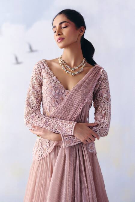 Awigna Pink Organza, Net Cut Work, Sequins, Pearls Emily Ivy Bloom Plisse Draped Gown Online at Aza Fashions Awigna_Pink Organza, Net Cut Work, Sequins, Pearls Emily Ivy Bloom Plisse Draped Gown _Online_at_Aza_Fashions