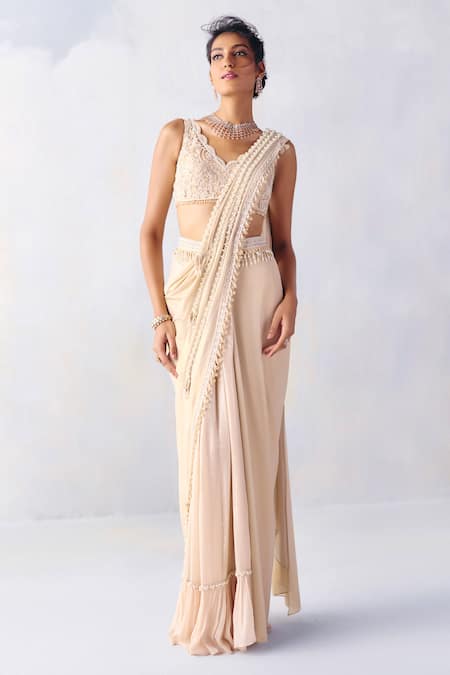 Awigna Ivory Lycra Embroidery Emma Pearl Meadow Border Pre-draped Saree With Blouse 