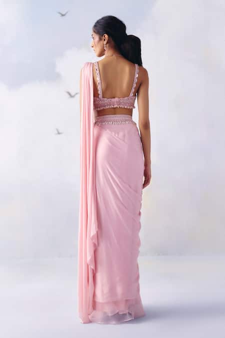 Shop Awigna Pink Organza, Grace Periwinkle Bloom Embroidered Pre-draped Saree With Blouse at Aza Fashions Shop_Awigna_Pink Organza, Grace Periwinkle Bloom Embroidered Pre-draped Saree With Blouse _at_Aza_Fashions