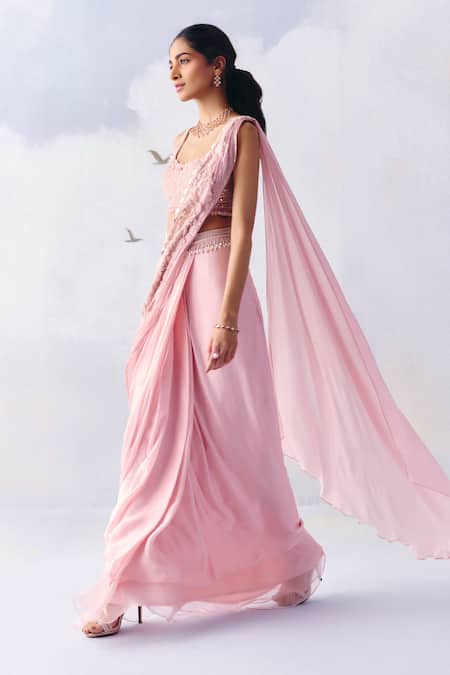 Awigna Pink Organza, Grace Periwinkle Bloom Embroidered Pre-draped Saree With Blouse Online at Aza Fashions Awigna_Pink Organza, Grace Periwinkle Bloom Embroidered Pre-draped Saree With Blouse _Online_at_Aza_Fashions