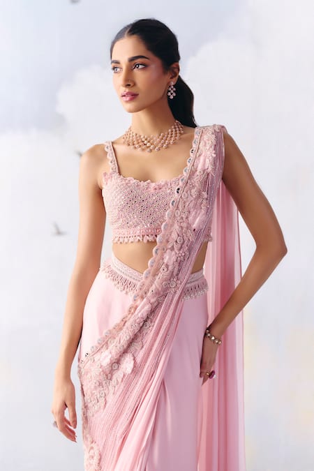 Buy Awigna Pink Organza, Grace Periwinkle Bloom Embroidered Pre-draped Saree With Blouse Online at Aza Fashions Buy_Awigna_Pink Organza, Grace Periwinkle Bloom Embroidered Pre-draped Saree With Blouse _Online_at_Aza_Fashions