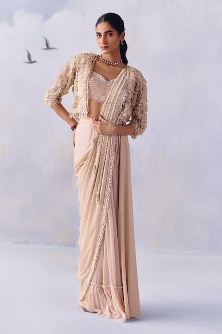 Awigna Harper Pearl Tassel & Sequin Embellished Pre-Draped Saree Set 