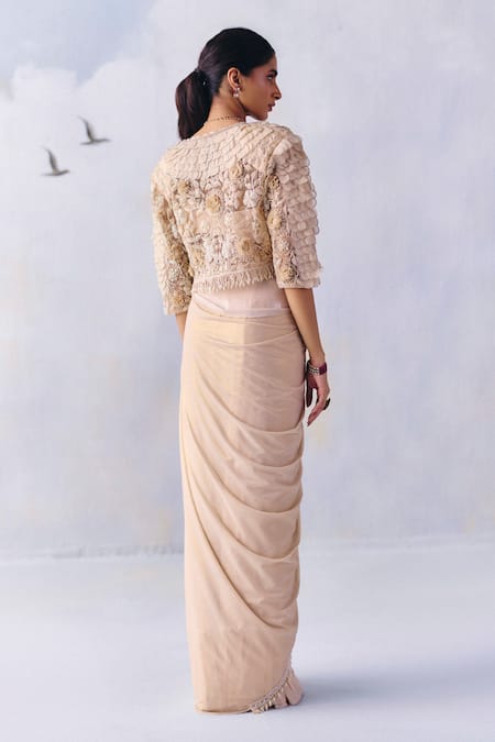 Shop Awigna Ivory Chiffon, Lycra, Net Harper Tassel And Embellished Pre-draped Saree Set at Aza Fashions Shop_Awigna_Ivory Chiffon, Lycra, Net Harper Tassel And Embellished Pre-draped Saree Set _at_Aza_Fashions