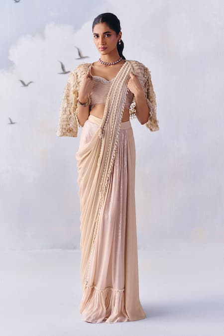 Awigna Ivory Chiffon, Lycra, Net Harper Tassel And Embellished Pre-draped Saree Set Online at Aza Fashions Awigna_Ivory Chiffon, Lycra, Net Harper Tassel And Embellished Pre-draped Saree Set _Online_at_Aza_Fashions