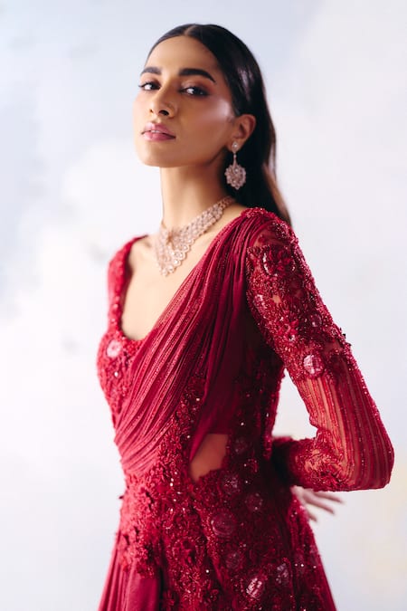 Awigna Red Organza, Georgette, Net Cut Work, Isabella Rafflesia Embroidered Gown Online at Aza Fashions Awigna_Red Organza, Georgette, Net Cut Work, Isabella Rafflesia Embroidered Gown _Online_at_Aza_Fashions