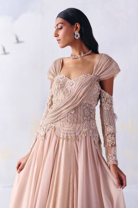 Awigna_Pink Organza, Net, Georgette Juliet Blossomy Embroidered Cinderella Plisse Gown _Online_at_Aza_Fashions