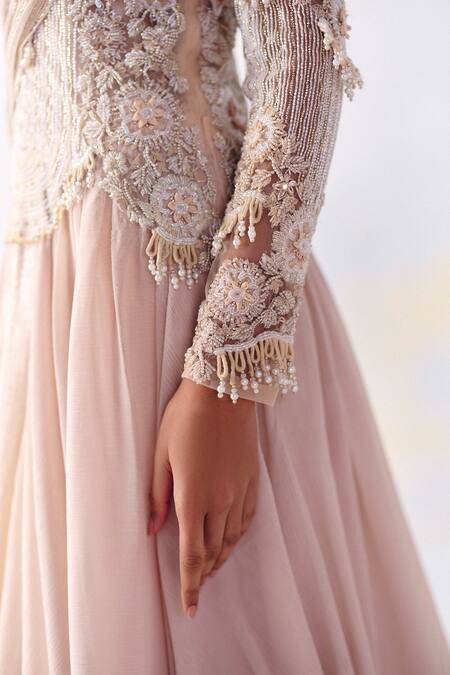 Buy_Awigna_Pink Organza, Net, Georgette Juliet Blossomy Embroidered Cinderella Plisse Gown _Online_at_Aza_Fashions